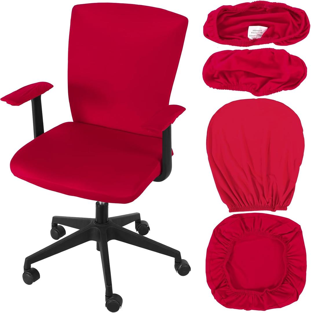 Tallew 4 Pcs Office Chair Covers Set Computer Universal Protective Stretchable Chair Seat Covers Desk Armrest Cover Pads Office Cushion Backrest for Rotating(Regular,Red)