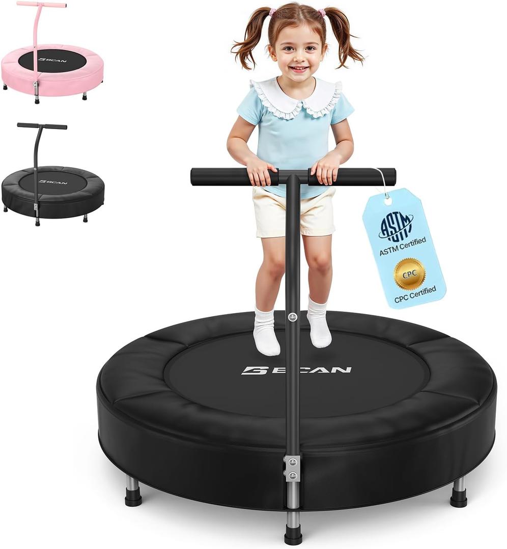 BCAN 36'' Toddler Trampoline, ASTM Certified - Kids Trampoline for Ages 1-6, Foam Handle & Safe Thickened Cover, Mini Trampolines for Kids Indoor, Easy to Assemble (Black-Classic)