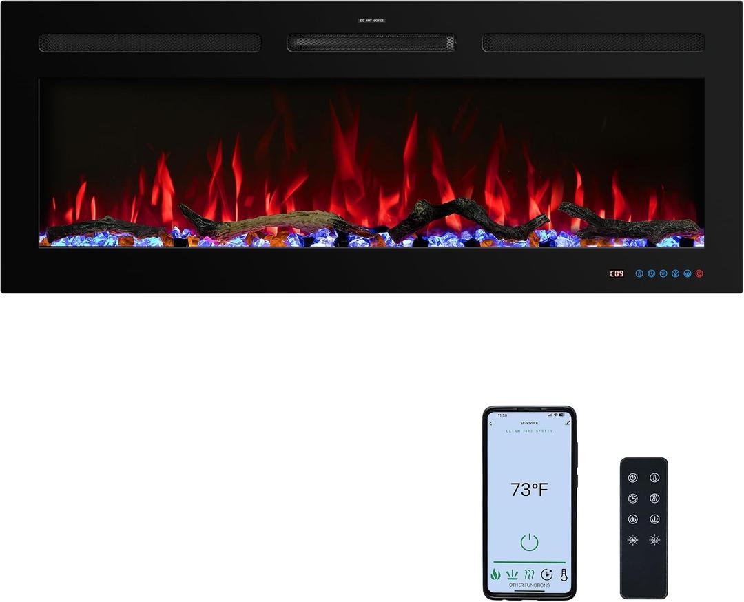 33" Smart WiFi Electric Fireplace Insert, 13 Flame & Fuel Bed with Automatic Cycle, Fireplace Heater with APP Control & Thermostat, Timer, Recessed and Wall Mounted