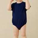 XUILOG Baby Boy Girl Bubble Romper Short Sleeve Bodysuit Solid Color Clothes T-Shirt Oversize Tops Crewneck OutfitNavy Blue, 18-24M (Blue)