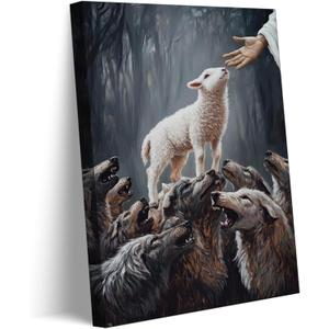 Jesus And Lamb Canvas Wall Art Jesus Saves The Lamb From Wolves Wall Decor Picture Christ Redemption The Lost Lamb Poster Print Painting for Living Room Bedroom Church Home Decoration Ready To Hang 