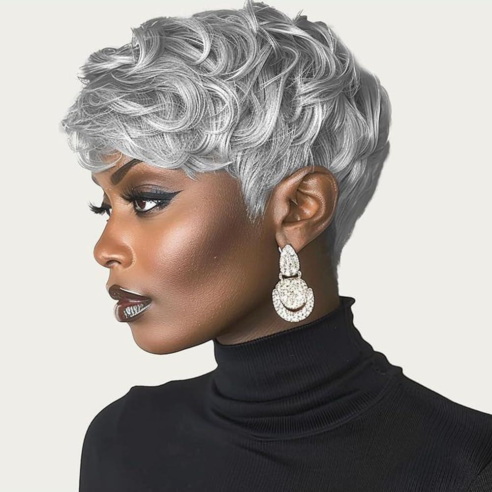 Pixie Grey Wigs for Black Women Short Wigs Gray Short Curly Wigs Short Cut Hair with Bangs for Black Women Pixie Short Wig(Gray)