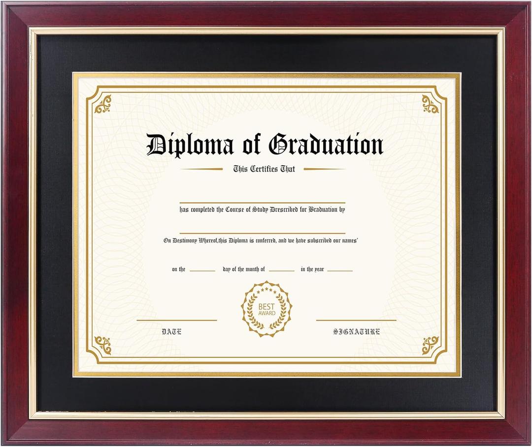 11x14 Diploma Frame with Black over Gold Mat, 14x17 Certificate Frame, Real Wood with Gold Trim, Mahogany Frame with Arcylic