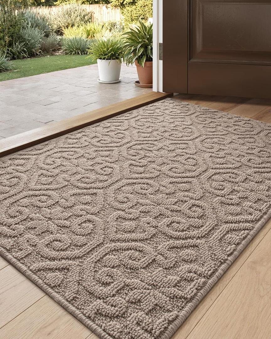 DEXI Indoor Front Door Entryway Mat Non Slip, 2x3 Washable Inside Entrance for House Floor Low Profile, Entry Doormat Absorbent Dirt Trapper, Light Beige