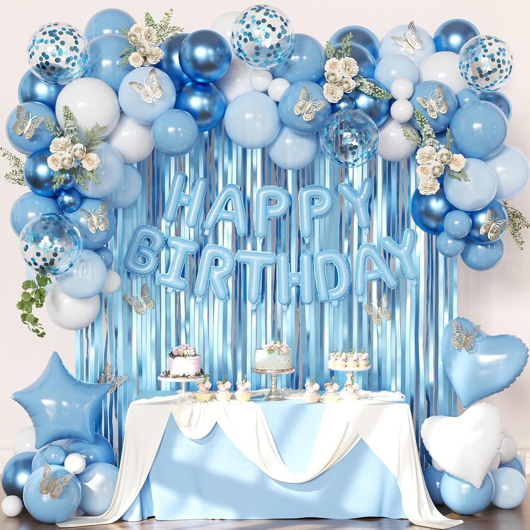 Dusty Blue Birthday Decorations, Chrome Dusty Light blue White Confetti Foil Balloons Happy Birthday Banner Gold Butterfly Fringe Curtains, Blue Birthday Decorations for Girls Women