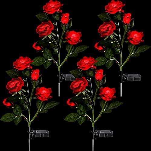 LOYIM 4 Pack Outdoor Solar Flower Lights Waterproof Garden Decorative Lights Outside Solar Powered Pathway Lights with 20 Realistic Rose Flowers for Yard Lawn Pathway Backyard Decor(Red)