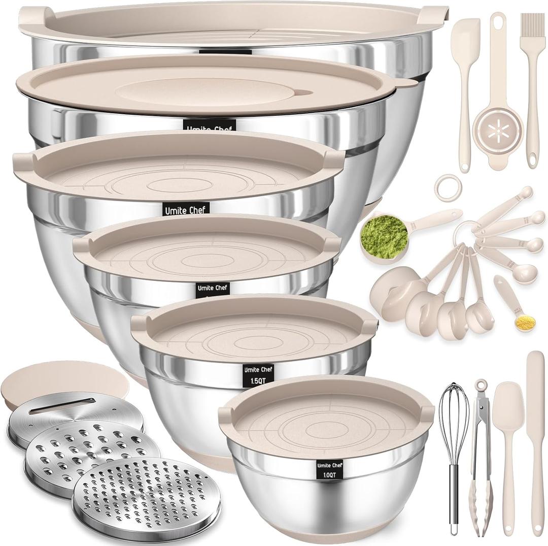 Mixing Bowls with Airtight Lids Set, 26PCS Stainless Steel Khaki Bowls with Grater Attachments, Non-Slip Bottoms & Kitchen Gadgets Set, Size 7, 4, 2.5, 2.0,1.5, 1QT, Great for Mixing & Serving, Khaki