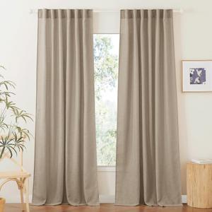 RYB HOME Light Filtering Linen Sheer Curtains, Back Tab Rod Pocket Privacy Protected Linen Blend Burlap Panels for Farmhouse/Living Room/Dining Room, Khaki, Length 84 by Width 52 inch, 2 Panels