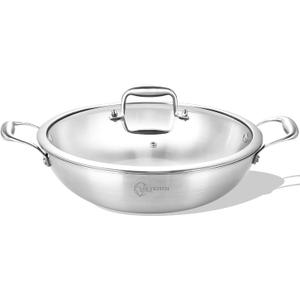 LOLYKITCH 12 Inch Tri-Ply Stainless Steel Wok Pan with Lid,Kadai,5 QT Induction Cooking Pot,Dishwasher and Oven Safe