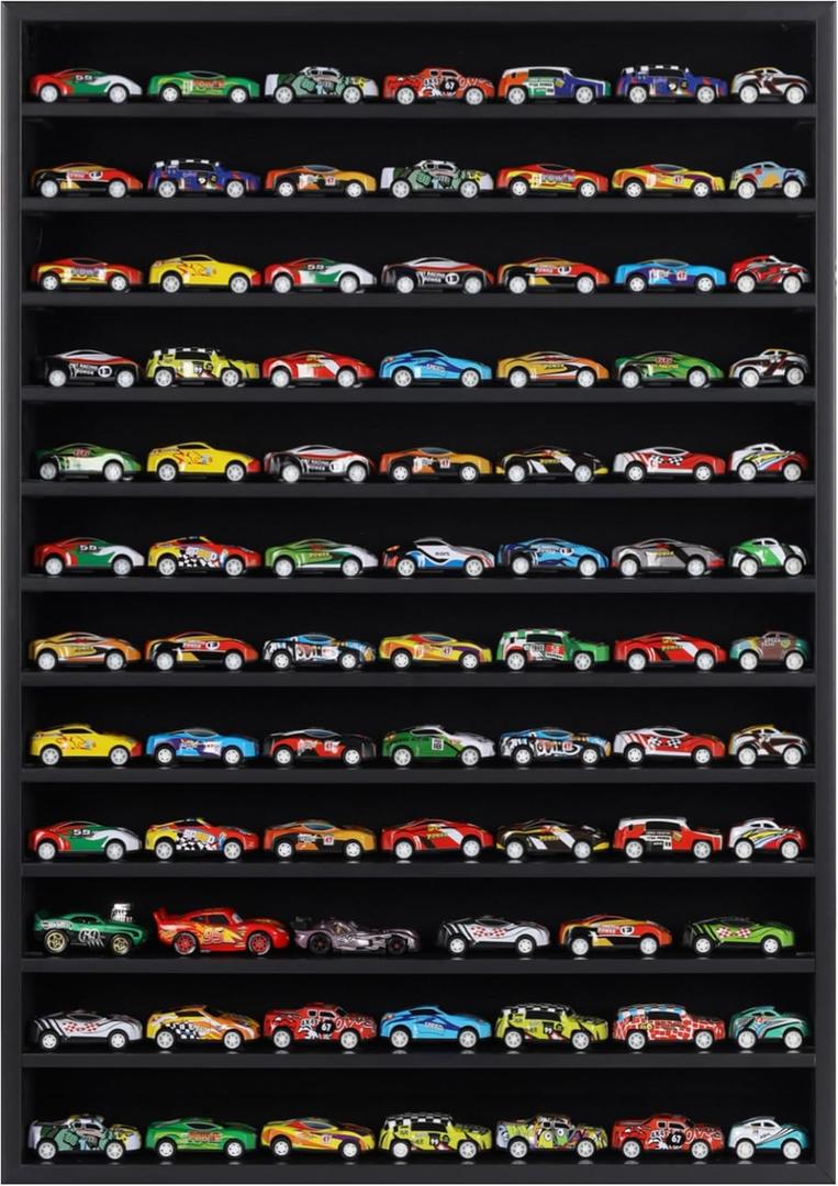 DisplayGifts Open Front Hot 1:64 Scale Toy Cars Wheels Matchbox Display Case Die-cast Model Cars Storage Cabinet - NO Door Cover in The Front (Black) - 26.5 X 18.75 X 3 Inches