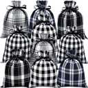 10 Pieces Christmas Buffalo Plaid Drawstring Bags Drawstring Gift Bags Santa Large Sacks Xmas Wrapping Bags Cotton Drawstring Bags Sack for Party Favors Candies (Black and White Plaid, 9 x 12 Inch)