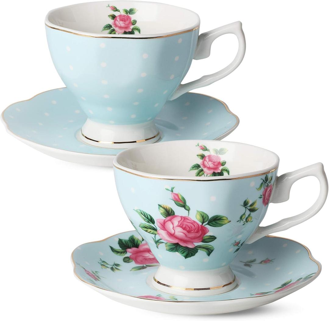 BTaT- Floral Tea Cups and Saucers, Set of 4, 8 oz, Fine Porcelain Teacup Set with Gold Trim for Afternoon Tea, Weddings, Parties & Gifting, Dishwasher Safe, Lightweight, Non-Toxic, Mothers Day Gift