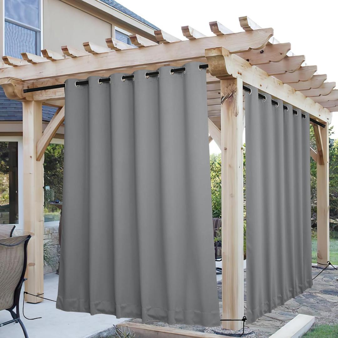 NICETOWN 2 Panels Outdoor Curtains for Patio Waterproof & Windproof, Grommet & Back Tab on Top & Bottom Weighted Drapes Keep Sun/Rain Out with Bouns Rope for Garage, Silver Grey, W84 x L108