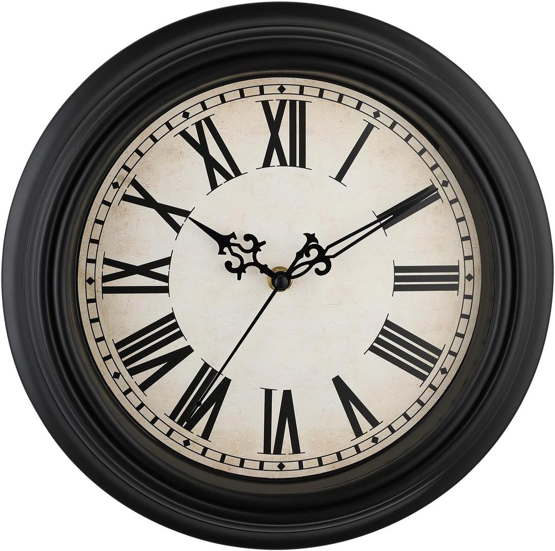 Plumeet Extra Large Retro Wall Clock, 16'' Non Ticking Classic Silent Vintage Wall Clocks Decorative Kitchen Living Room Bedroom, Roman Numerals, Battery Operated, Black