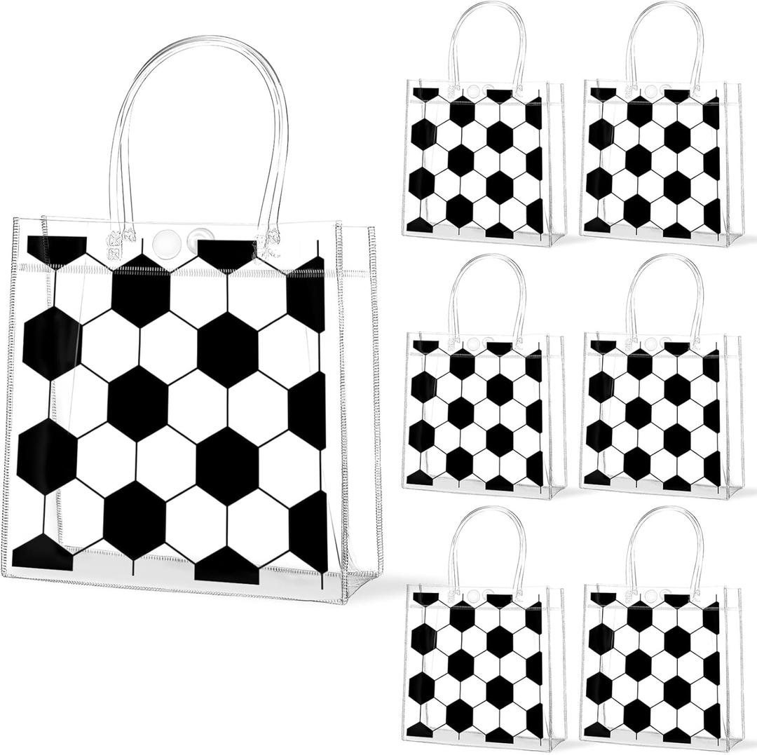 Lonfliness 24Pcs Soccer Clear PVC Gift Bags With Handles Bulk Sport Theme Goodie Treat Candy Bags Team Present Wrap Tote Bags for Boys Birthday Party Favor Baby Shower Decorations Supplies 8 x 8 x 3in