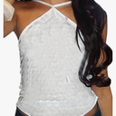 Women's Sequin Halter Crop Tops Sparkly Lace Up Backless Party Night Out Tank, L