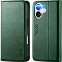 TUCCH Wallet Case for iPhone 16, Kickstand PU Leather Flip Folio Cover with 3 Credit Card Holder RFID Blocking [Shockproof TPU Interior Case] Compatible with iPhone 16 5G 2024, Dark Green