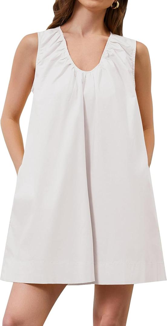 OLAPTA Women Summer Sleeveless Babydoll Mini Tank Dresses Loose Fit Scoop Neck Ruched Short Dress with Pockets Party Clubwear (Small, White)