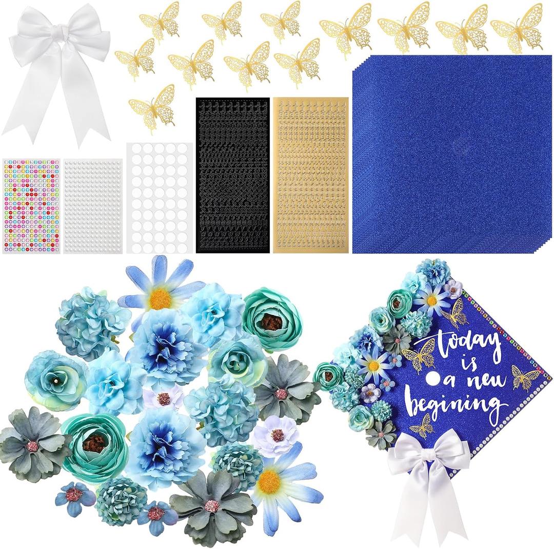 Gilprop 56 Pcs Graduation Grad Cap Decorations Kit DIY Glitter Card Stock Construction Paper Bow Artificial Flower Heads 3D Butterfly Rhinestones Letter Stickers Adhesive Dots for Grad Hat(Blue)