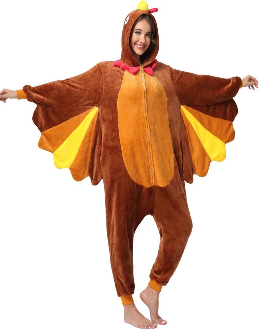 DKRUW Adult Onesie Pajamas Animal One Piece Turkey Costume Halloween Cosplay for Women Men (Turkey, X-Large)