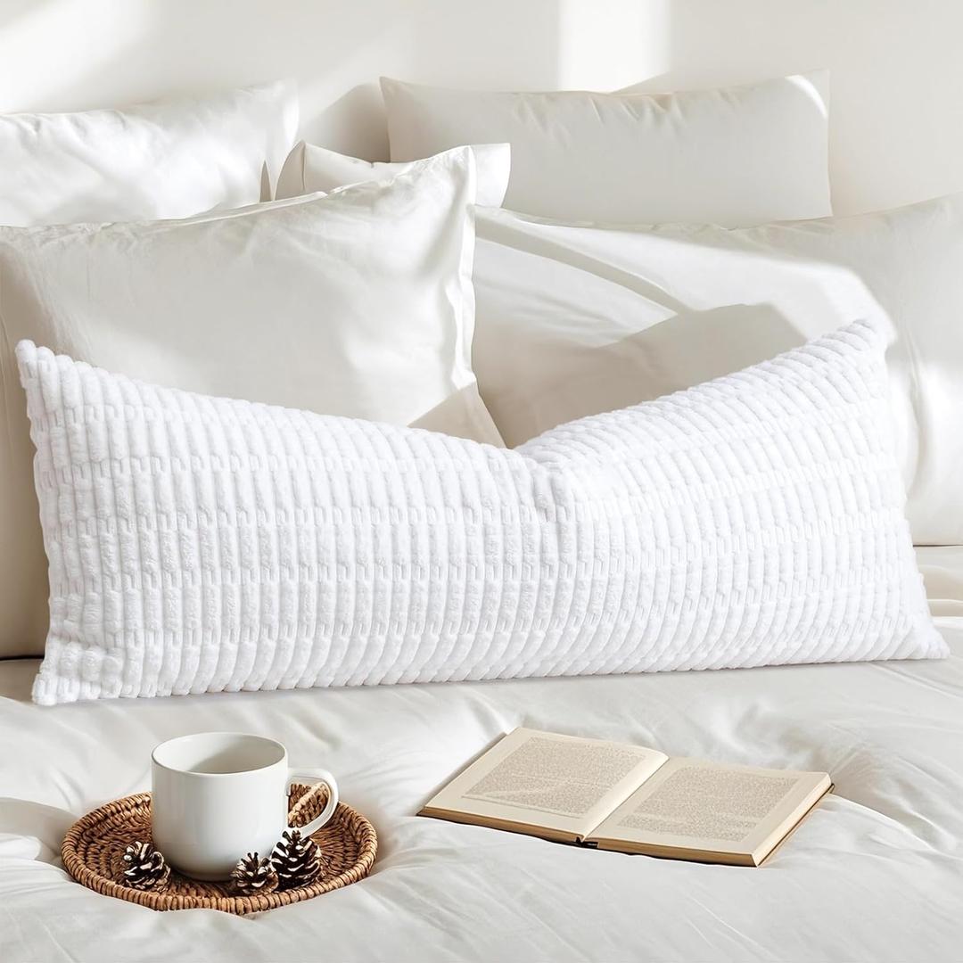 OTOSTAR Corduroy Decorative Lumbar Throw Pillow Cover 14x36 Inch Super Soft Boho Striped Rectangle Pillow Covers Case Modern Cushion Covers for Sofa Couch Bedroom Car Decor Pure White