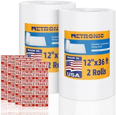 Metronic Bubble Cushioning Wrap 2 Pack 12 Inch x 72ft Total, Dense Bubble Packing Air Wrap Clear Bubble Packing Roll for Shipping and Moving Supplies, Perforated Every 12" (Made in USA)