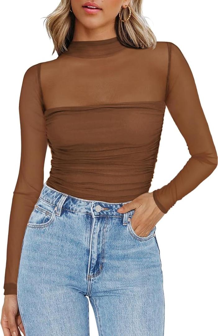 Zeagoo Women's Sexy Mock Turtle Neck Long Sleeve Tops Sheer Mesh Ruched Trendy Going Out Shirts Blouse (Medium, Brown)