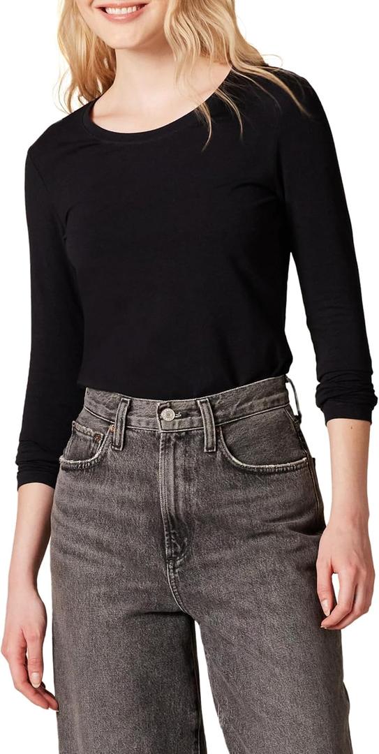 Amazon Essentials Women's Regular-Fit Long-Sleeve Crewneck T-Shirt, (Medium, Black)