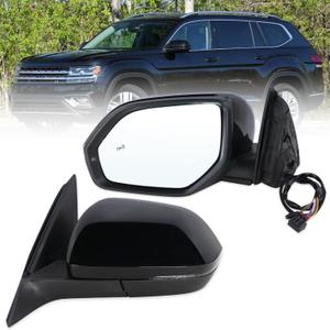 Left Driver Side Mirror Compatible With 2018-2026 VW Atlas With Manual Folding Power Glass Heated Turn Signal Blind Spot Black Replace#3CN857507AG9B9-PFM(6+2Pins)