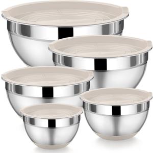 P&P CHEF Mixing Bowls with Lids Set of 5, Stainless Steel Nesting Salad Bowl with Lid & Base for Non-slip Mixing Prepping Storing Serving, 5 Sizes-7/3.5/2.5/1.5/1 QT, Khaki