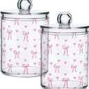 Gredecor 2 Pack Qtip Holder Clear Aesthetic Pink Ribbon Bow Apothecary Jars with Lids Acrylic Bathroom Jars Vanity Countertop Canister Storage Organizer for Cotton Ball,Swabs,Pads,Floss