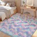 Litanika 8x10 Shag Area Rug for Bedroom, Tie-Dyed Blue Rainbow Plush Rug