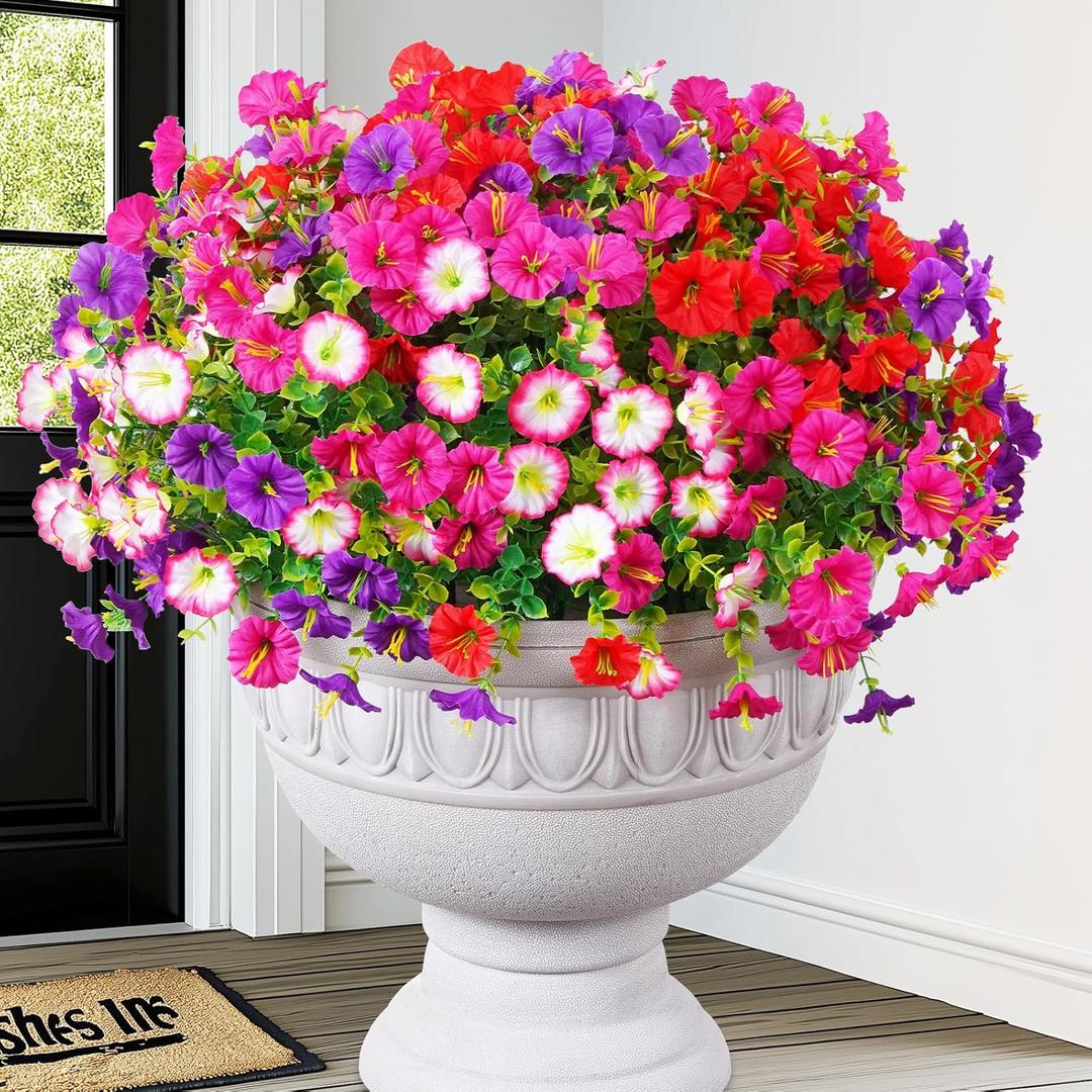 MARTINE MALL 12 Bundles Look Real Artificial Flowers for Outdoors, Realistic Fake Outdoor Flowers, UV Resistant Silk Petunia Flowers for Outside Faux Flowers Plants for Outdoor Porch, Mix Colors (Mix Colors (Fuchsia, Purple, Red, Pink))
