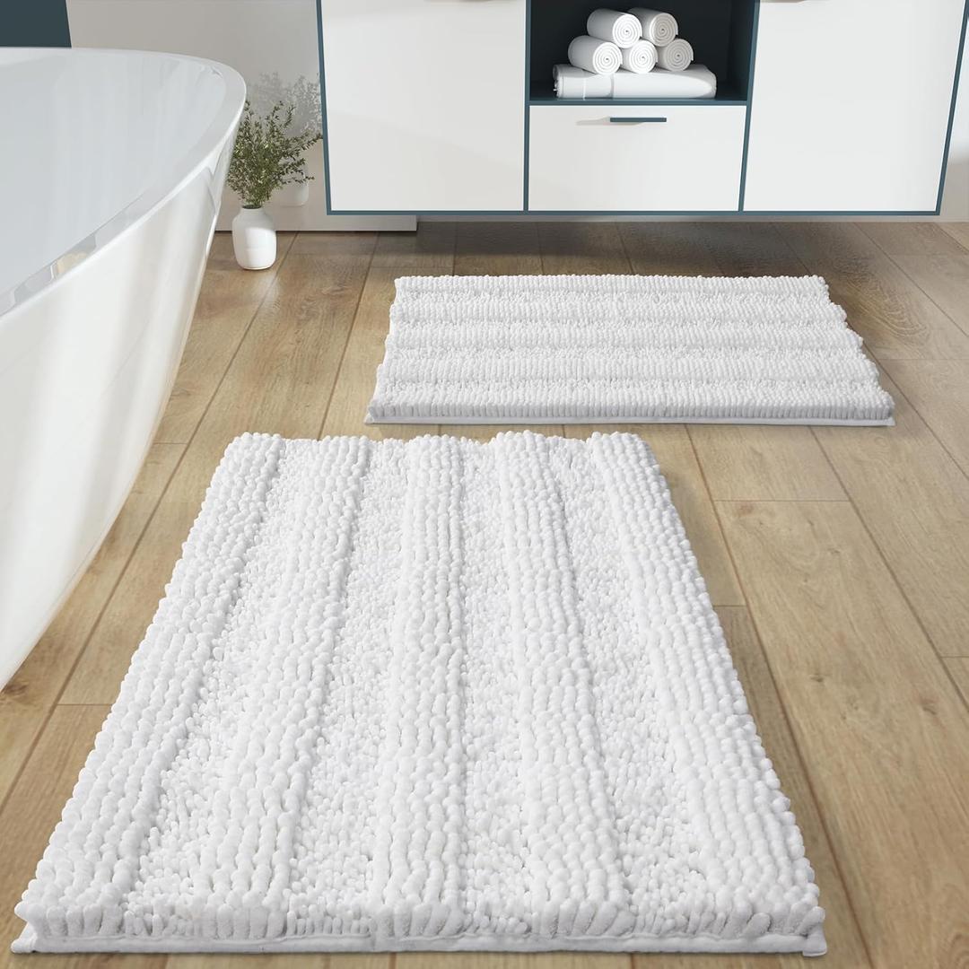 Yimobra Bathroom Rug Set 2 Piece, Soft Absorbent Chenille Bath Mat Set, Non Slip Machine Washable Quick Dry, Plush Shower Rugs for Bathroom Floor Sink Tub and Shower Outside, 32"x20"+24"x17", White