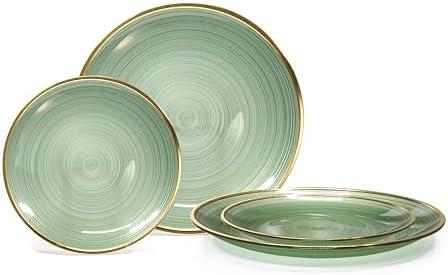 50 Plates Pack (25 Guests)-Wedding Party Disposable Plastic Plate Set -25 x 10'' Dinner + 25 x 7'' Salad & Dessert plates (Belize in Green & Gold)
