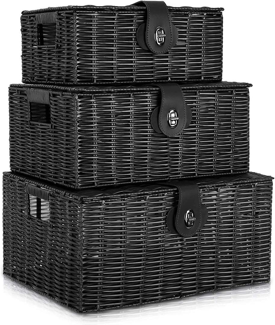 Set of 3 Woven Wicker Storage Basket Box with Lids & Lock, Built-in Carry Handles, Multifunctional Storage Organizer for Nursery, Baby, Clothes, Toys, Books, Large/Medium/Small Size (Black)