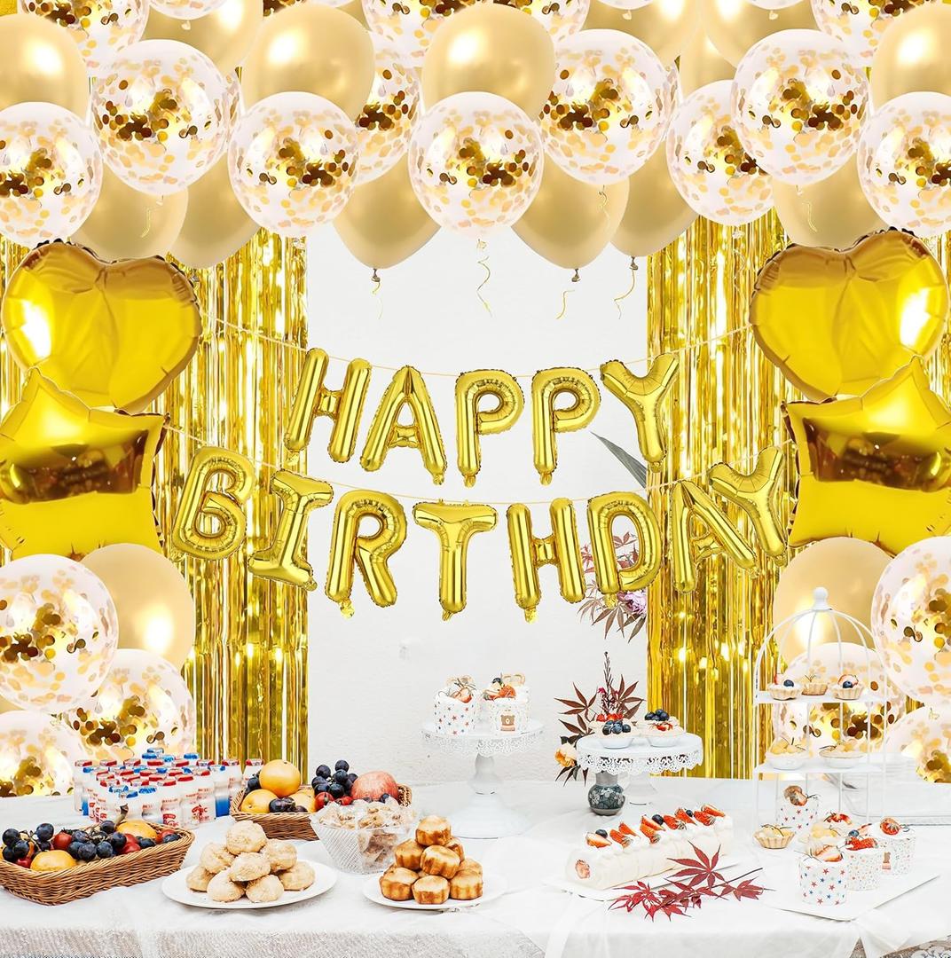 Gold Birthday Party Decorations - Sweet 16 21st Women Girls Happy Birthday Banner, Fringe Curtains, Heart Star Foil Confetti Balloons Backdrop Supplies