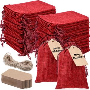 Woanger 100 Pcs Burlap Gift Bags with 100 Pcs Kraft Paper Gift Tags Drawstring Favor Bulk Burlap Sack Bags for DIY Wedding Party Craft (3 x 4 Inch,Burgundy)