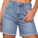 luvamia FleXclusive Jean Shorts for Women Trendy High Waisted Stretchy Denim Summer Raw Hem Mom Long Shorts Cutoff Jorts (Small, Cody Blue)
