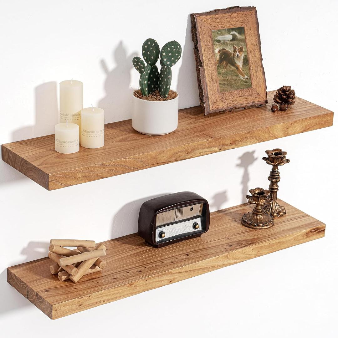 Floating Shelves for Wall Decor, 8" Deep Rustic Solid Elm Wood Floating Shelves Wall Mounted, Wall Shelves with Invisible Bracket for Living Room Bathroom Bedroom Kitchen, 30 Inch Set of 2, Natural