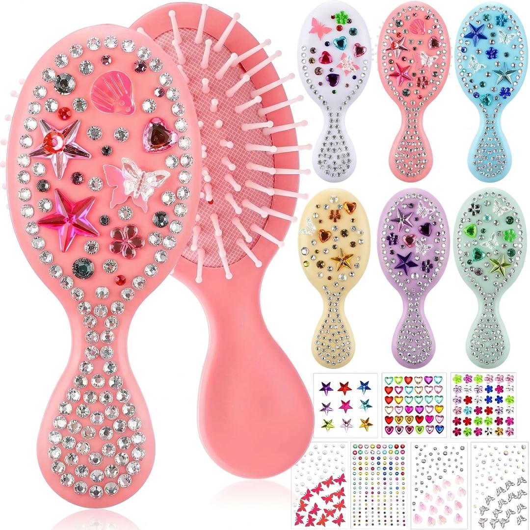 6 Pcs DIY Mini Hair Brush Set with Gem Stickers, Make Your Own Hair Brush Rhinestone Self-adhesive Stickers DIY Craft Kit Accessories for Women Party Gifts(13 Pcs,Colorful)