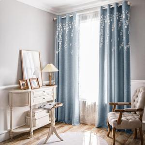 Melodieux Flower Embroidery Linen Blackout Blue Curtains for Living Room Bedroom Grommet Window Drape, White Flower, 52 by 96 Inch (1 Panel)