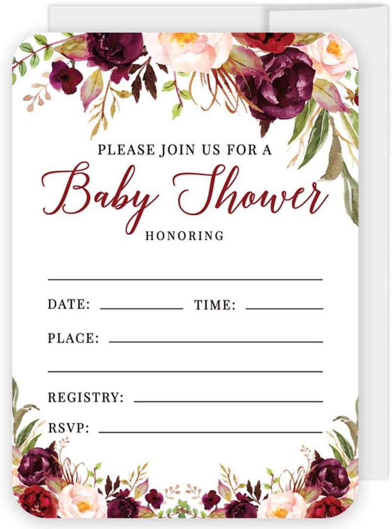 Andaz Press Fall Autumn Burgundy Maroon Floral Flowers Party, 5x7-inch Fill in The Blank Baby Shower Invitations with Envelopes, 24-Pack, Double Sided Printing, Includes Cards & Envelopes