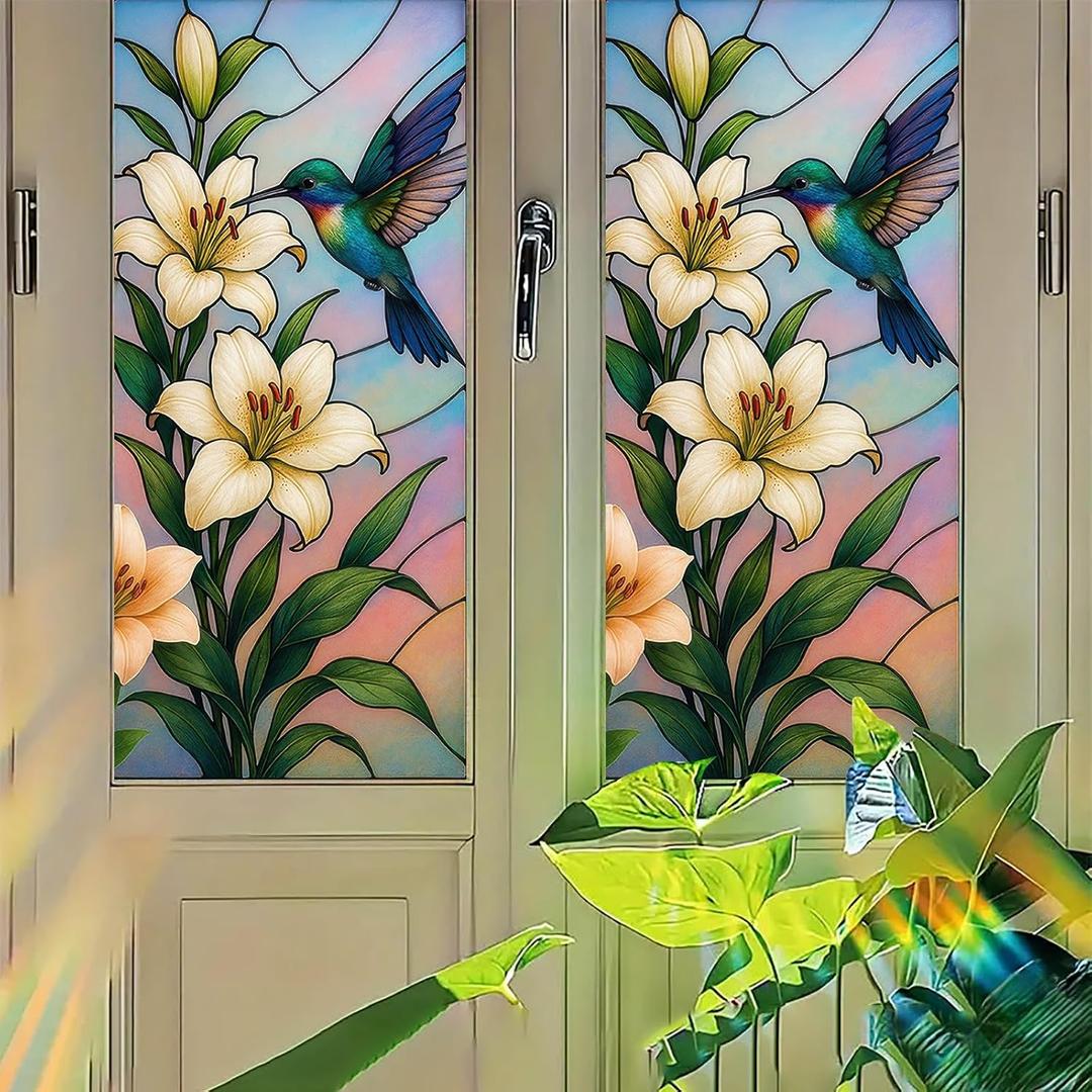 Hummingbird Lily Privacy Film Decorative Panel Static Cling No Glue Light Filtering Glass Cover for Kitchen Door Bathroom Studio 17.7x39.3 inch