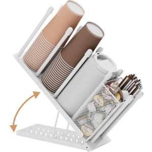 OVICAR Cup and Lid Holder - Adjustable Coffee Cup Holder Organizer 4 Compartment Disposable Paper Plastic Cup Dispenser with Straw Storage Basket for Coffee Bar Station Breakroom Countertop White