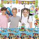 Cartoon Birthday Decorations, Cartoon Party Supplies - Happy Birthday Banner Balloons Plates Backdrop Cake Toppers Tablecloth Hanging Swirls Stickers
