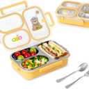 Stainless Steel Bento Lunch Box for Kids, 26.4 oz Leak-Proof 3-Compartment Metal Bento Box, BPA-Free, Cute Cartoon Meal Prep Snack Container with Utensils for School, Office, Travel - Yellow