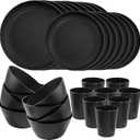 LIYH 48pcs Black Wheat Straw Dinnerware, Plates and Bowls Set, Camping Dish Set for 12, Plastic Dinnerware Set, Dishwasher Safe Dinnerware Set,Unbreakable Plastic,Camper Dish Sets
