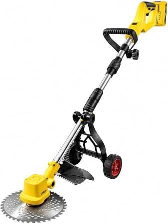 2026 New 30000 RPM Brushless Cordless Weed Wacker with Wheels, 12-Inch Battery Powered Electric Weed Eater, 4-in-1 Grass Trimmer, Brush Cutter, Stringless Weed Trimmer & Lawn Edger (1, Yellow)