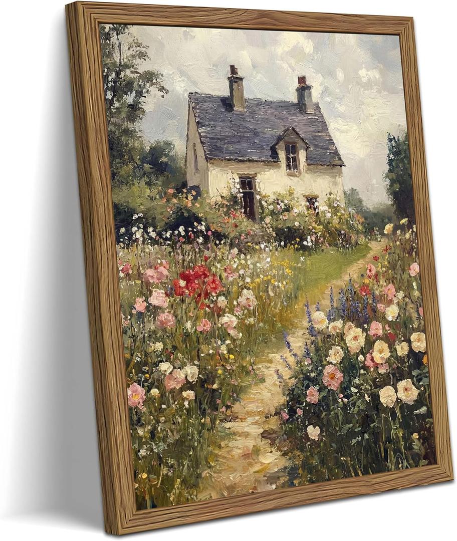 Vintage Cottagecore Wildflower Framed Wall Art – Country Farmhouse Oil Painting Canvas Print with Wood Frame, Floral Nature Wall Decor for Living Room Bedroom 16x24 inch